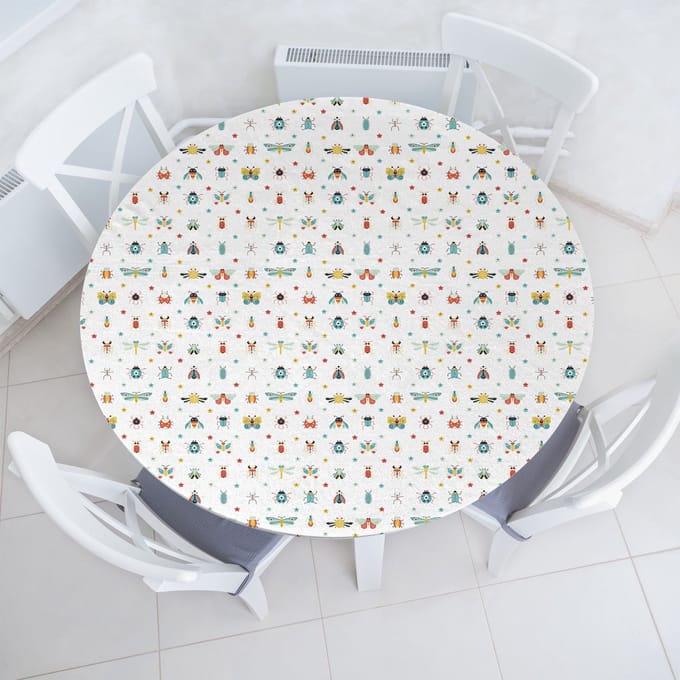 ABAKUHAUS Insecten Elastisch Rond Tafelkleed, Allround Elastisch Stoffen Tafelkleed, 100 cm - 110 cm, Witblauw Meerkleurig