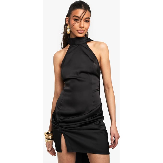 boohoo Dames Satin High Neck Mini Jurk | Black | Maat: 12