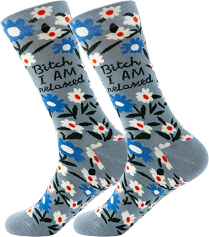 Bloemetjes sokken met grappige tekst: Bitch I am Relaxed. Dames Sokken maat 38-41 - Funny socks