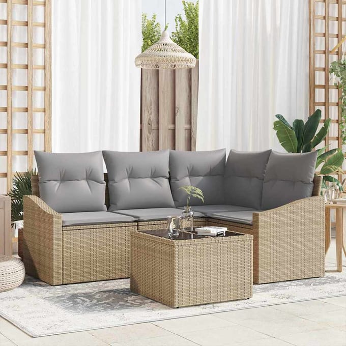 vidaXL - Tuinbank - Set - 5 - st - Beige - en - Lichtgrijs - poly - rattan