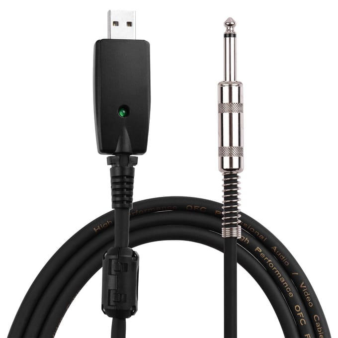 Câble USB Andio pour guitare, Interface mâle USB vers câble de connexion pour guitare électrique Mono de 6.35mm (1/4 pouces) noir
