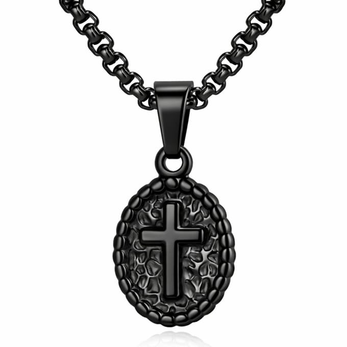 Mendes Zwarte Heren Ketting met Ovale Kruis Hanger