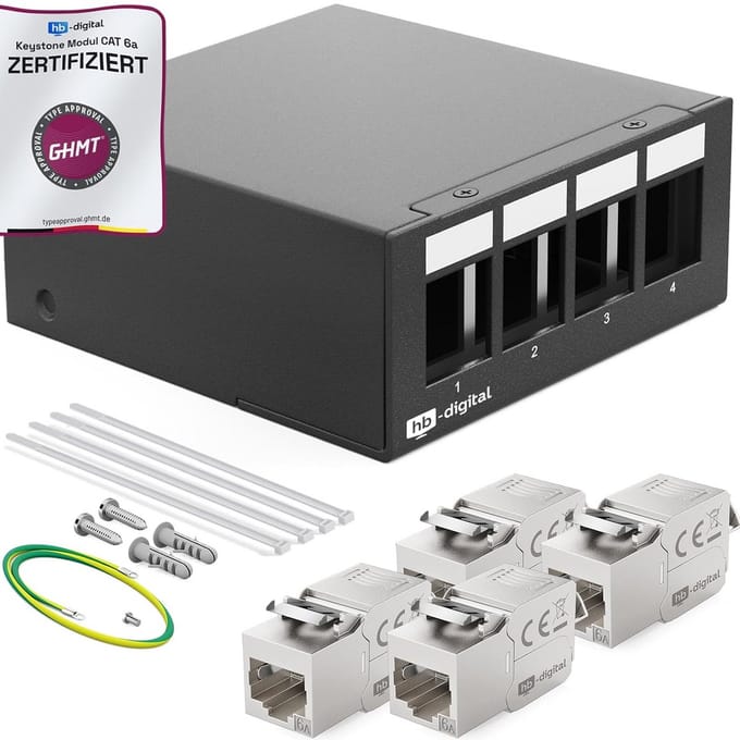 Patchpaneel 4 Poorts CAT6a STP RJ45 Keystone Module, 1HE, 10 Gbps