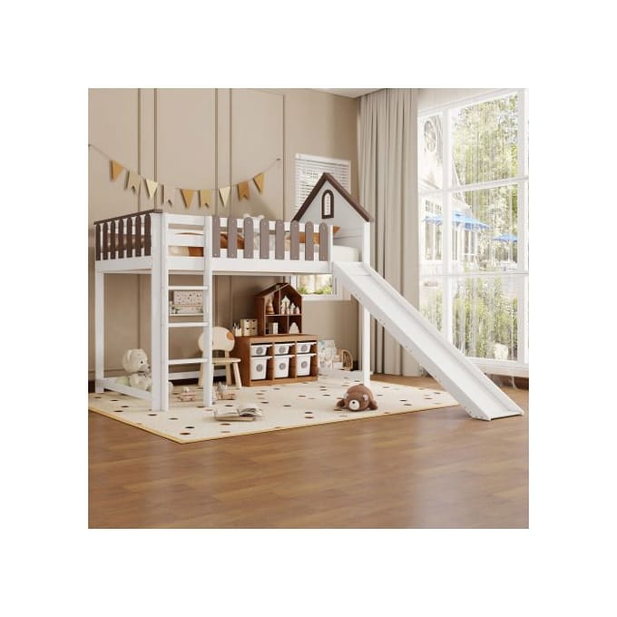 Hoogslaper - MUVOE - 90x200cm - Wit + Walnoot - Rechte ladder - Glijbaan wit