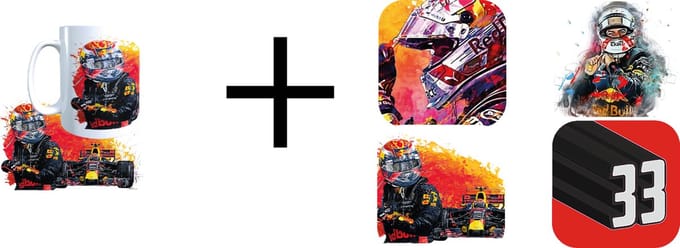 Max verstappen mok plus set van 4 onderzetters - formule 1 mok - max verstappen - 33 - f1 -mok-kado