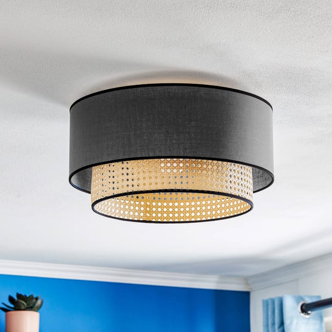 Duolla Boho-plafondlamp, zwart/hout, Ø 45 cm, textiel/rotan