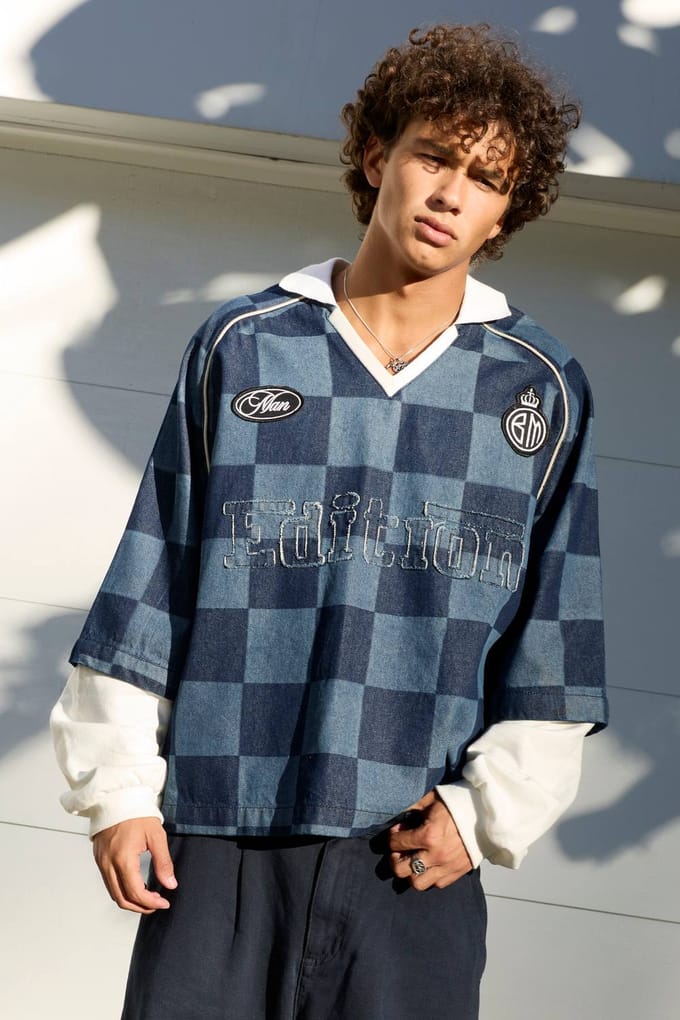Oversized Boxy Faux Layer Checked Denim Football T-Shirt | Indigo | Size Medium