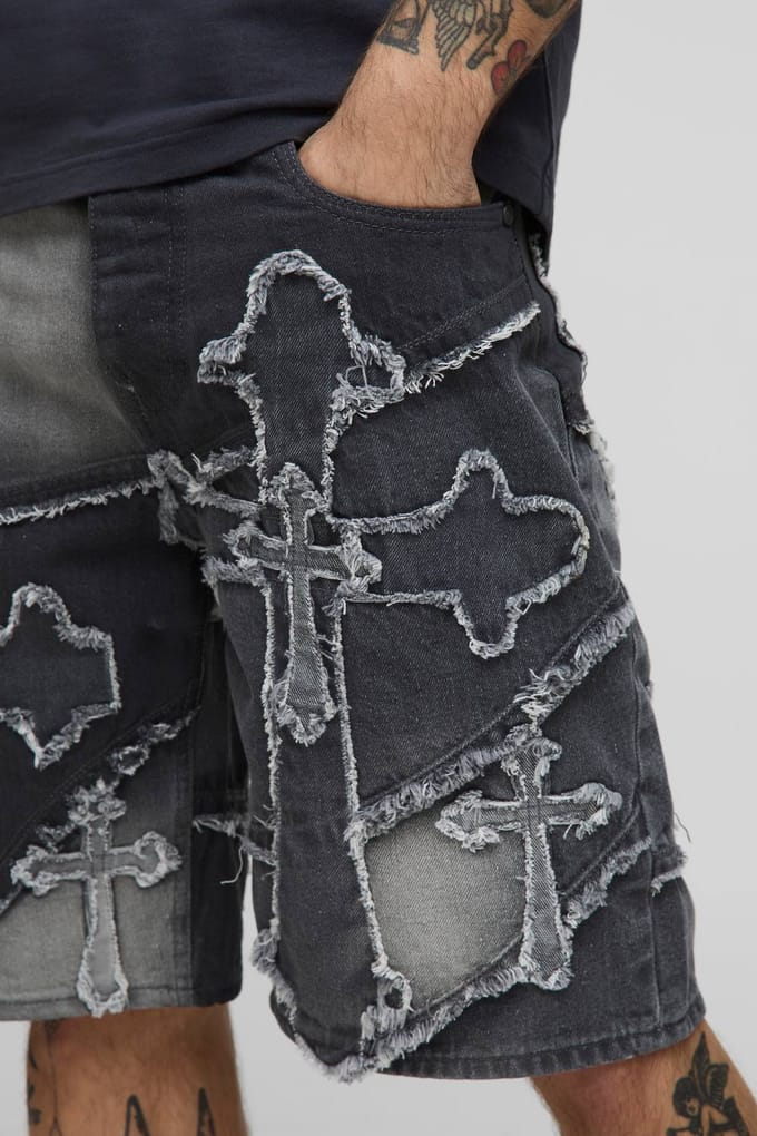 Relaxte All-Over Cross Applique Denim Shorts | Grey | Size 28