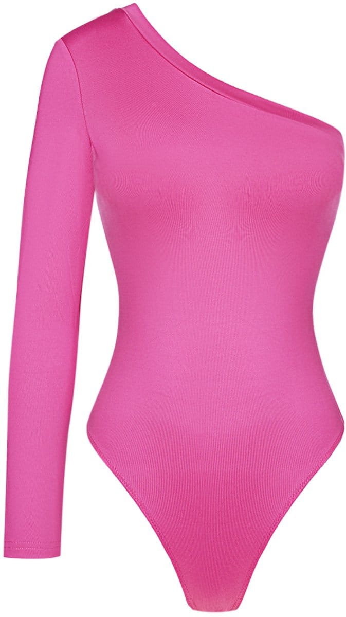 Minimalistische Polyester Vrouwen Een-schouder Bodysuit - Fushia - Maat XL