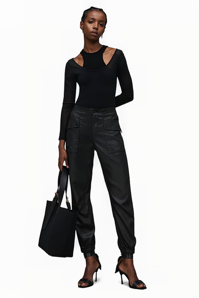 AllSaints Val Coated Trouser Black Maat: W31 | Leren broeken Outlet | Dames | Zwart