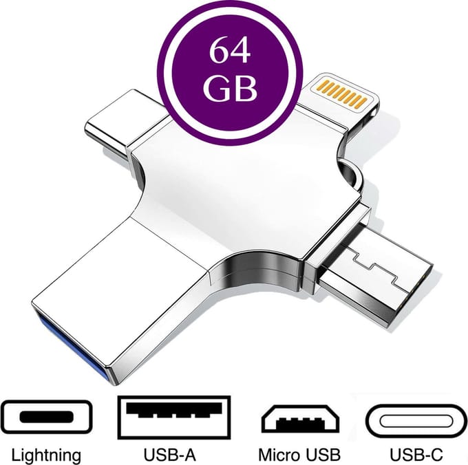 Femur 4-in-1 Usb Stick 64 GB - Geheugenkaart - USB 3.0 + USB C + Lightning + Micro USB aansluiting