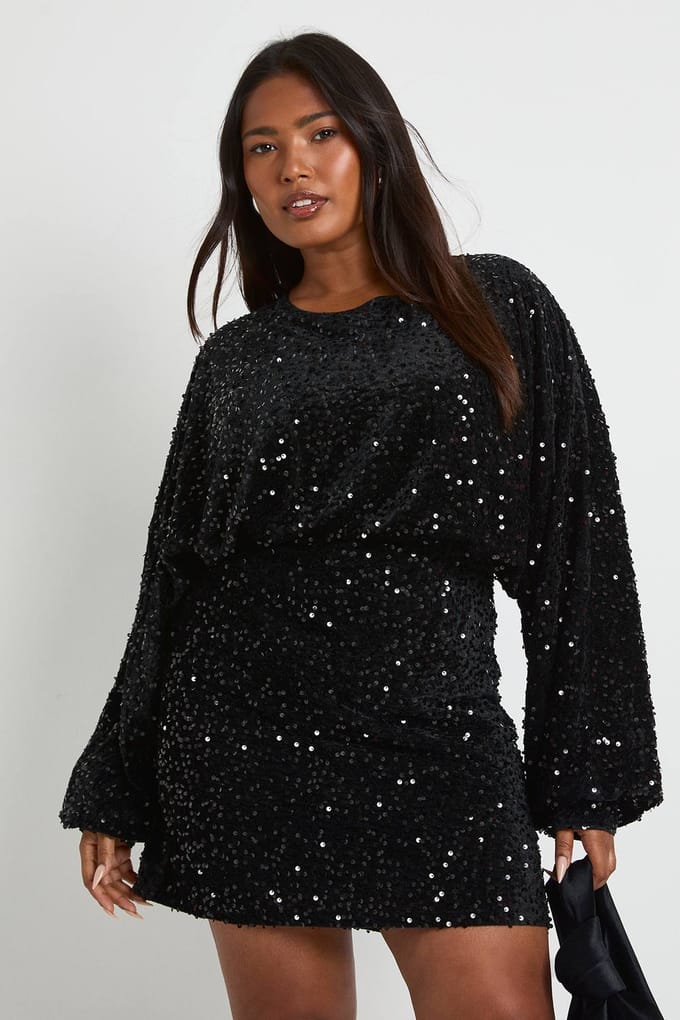 boohoo Dames Plus fluweel pailletten blouson mini jurk | Black | Maat: 16