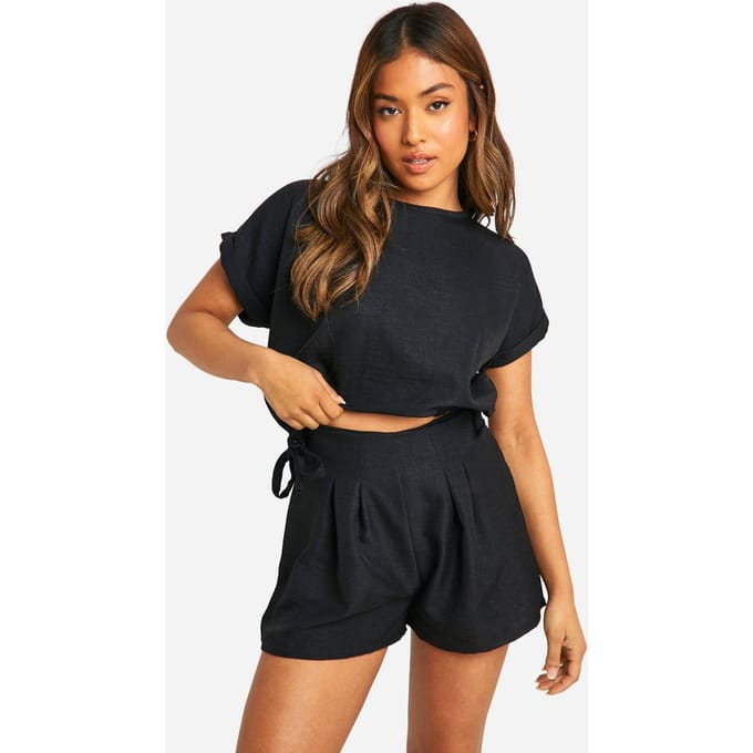 boohoo Dames Petite Linen Look Tie Side Tee | Zwart | Maat: 40
