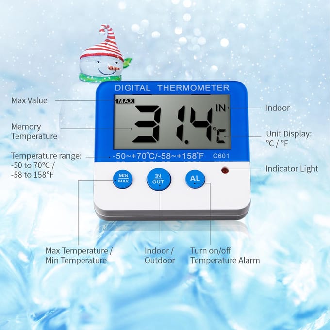 Digitale koelkastthermometer met alarm en maximale minimumtemperatuur. Gemakkelijk afleesbaar digitaal LCD-scherm gray