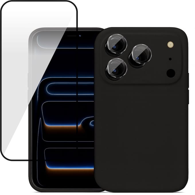 Hoesje geschikt voor iPhone 17 Pro - Screenprotector Volledig Dekkend Glas & Camera Protector - Mat Back Case Zwart