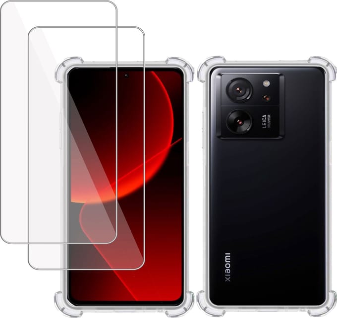 Hoesje + 2x Screenprotector geschikt voor Xiaomi 13T Pro – Tempered Glass - Extreme Shock Case Transparant