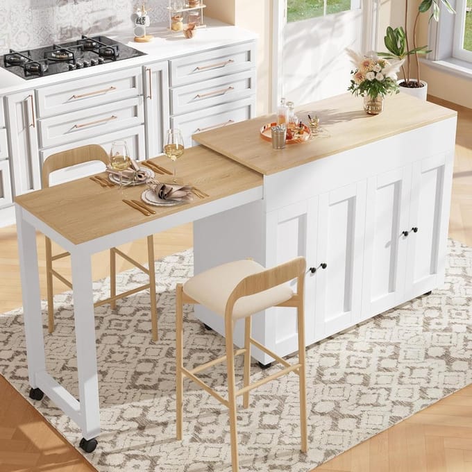Uitschuifbare Bartafel - Eettafel Bar - Ruimte Besparen - Met Opbergvakken - 180 cm - Wit