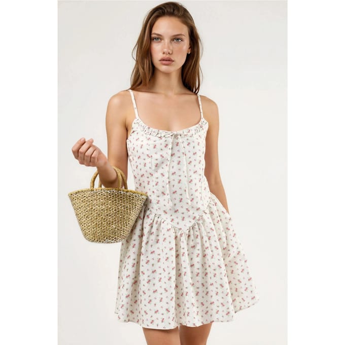 Bloemen U Hals Mini Jurk met Strik Detail