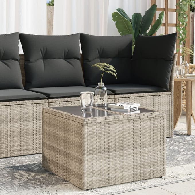 vidaXL - Tuintafel - met - glazen - blad - 55x55x37 - cm - poly - rattan - lichtgrijs