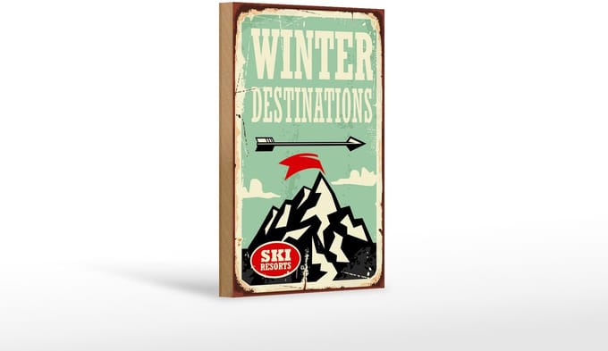 Holzschild Retro 12x18cm Ski winter destinations