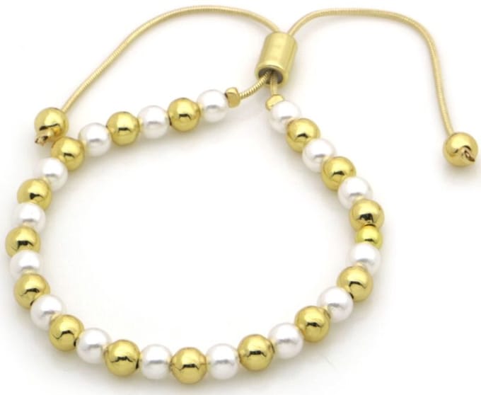 Dames armband - goud en parel witte kralen - verstelbaar koord - 8mm