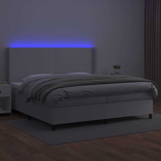 vidaXL - Boxspring - met - matras - en - LED - kunstleer - wit - 200x200 - cm