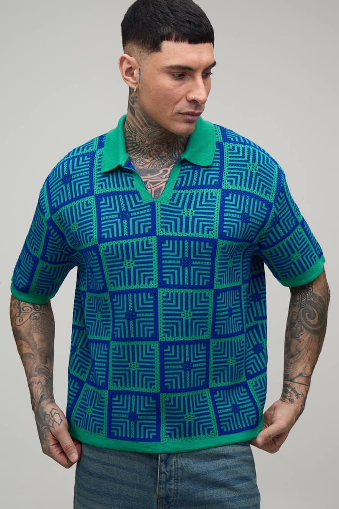Tall Oversized Boxy Crochet Tapestry Knitted Polo T-Shirt | Green | Size Medium