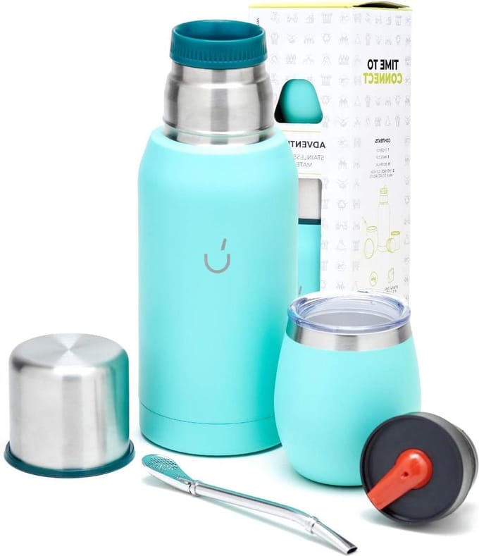 Argentijnse Yerba Mate Set Van 6 - Stalen Mate Beker - Thermosfles met 2 Schenkstoppers (Aqua)