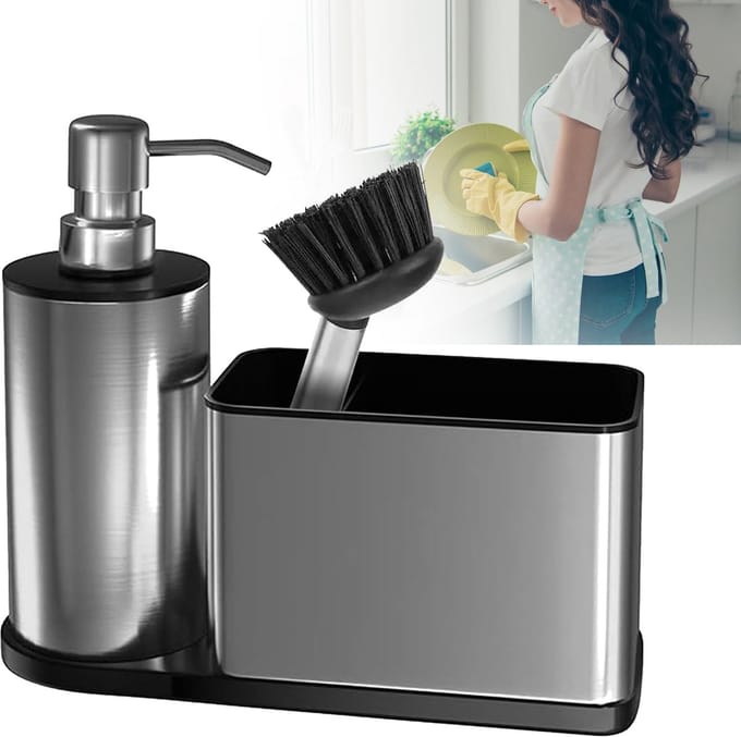Keukenzeepdispenser Set - Roestvrijstalen Afwasmiddeldispenser Met Houder - Keukenorganizer Met Afwasborstel