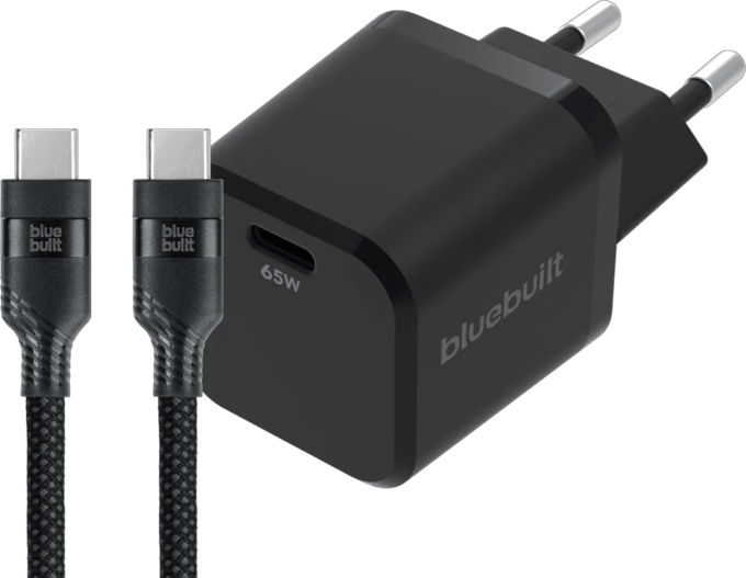 BlueBuilt 65W GaN Usb C Oplader Zwart + Usb C Kabel 240W 2m Nylon Zwart