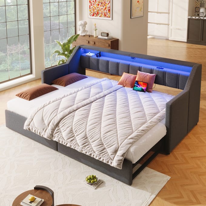 MODFU Bedframe 90x200 cm van linnen en MDF, uitschuifbaar, met USB-C, LED en 2 lades, grijs