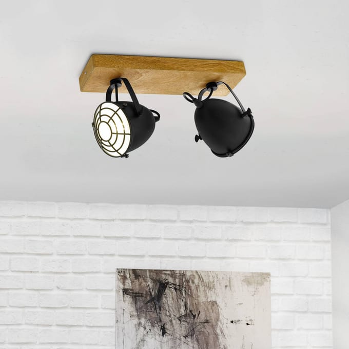 EGLO Plafondspot Gatebeck, hout/zwart, 2-lamps, hout