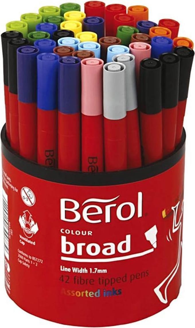 Berol Felt Tip Colouring Markers Broad Point (1.2mm) Washable Assorted Colours Tub of 42
