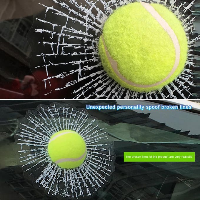 2 Pièces Verre 3D Autocollant Verre Fissuré Autocollants Verre Cassé Baseball Autocollants de Voiture Drôles Balle de Tennis vert/blanc