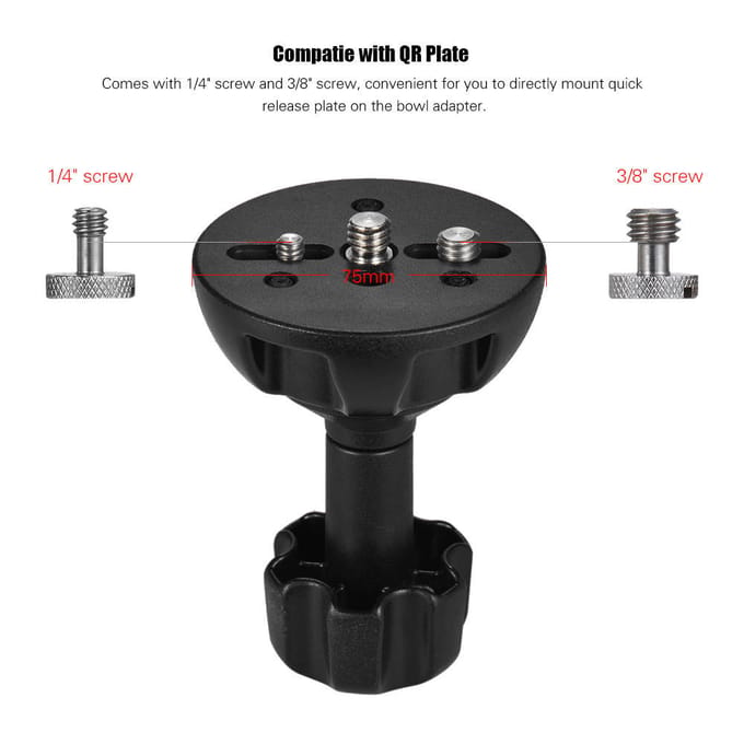 75mm Half Ball Flat to Bowl Adapter met 1/4  en 3/8  Schroeven voor Fluid Head Statief DSLR Rig Camera black