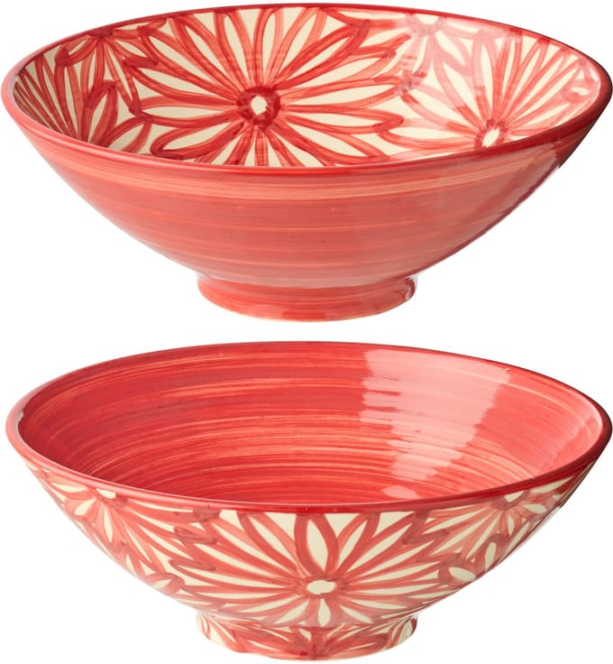 J-Line schaal Lebrillo + Bloemen - keramiek - rood - set van 2