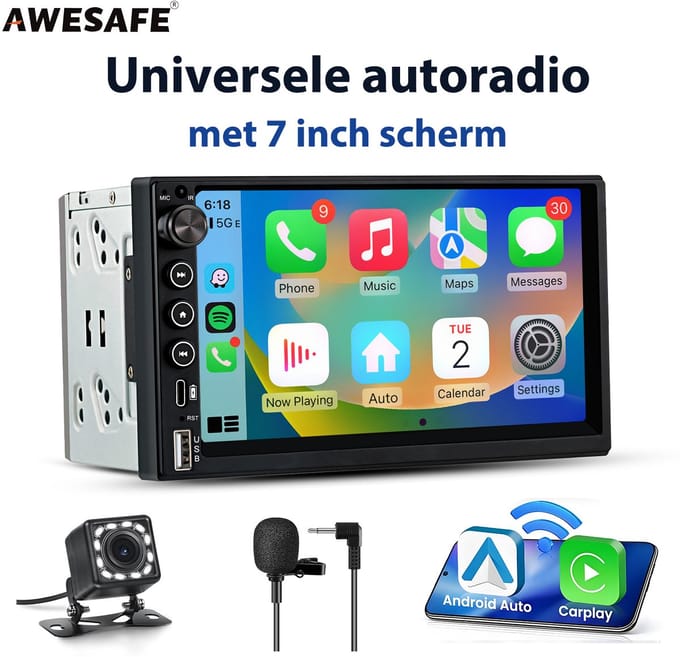 Awesafe Carplay Scherm 7 Inch Universele autoradio - Draadloos Android Auto - HD Achteruitrijcamera - Microfoon - Touchscreen - FM Radio - Bluetooth