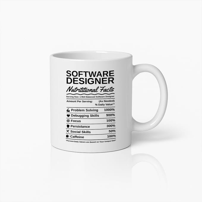 Software Designer Mok – Grappige Nutritional Facts Koffiebeker – Perfect Cadeau voor Programmeurs & Ontwikkelaars