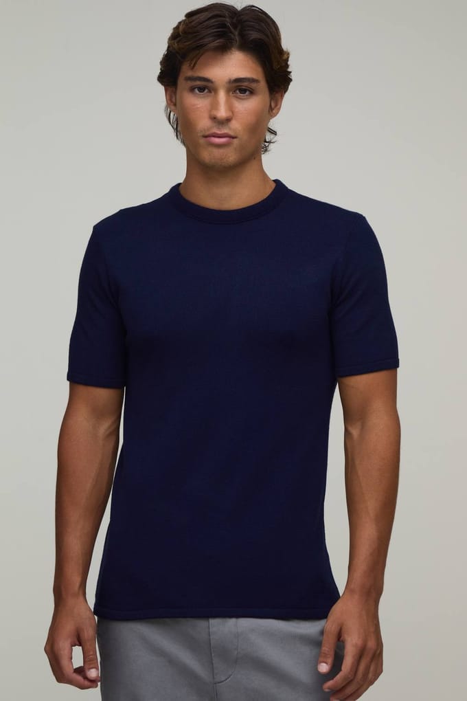 Gebreid T-shirt Met Zachte Touch En Muscle Fit | Navy | Size Medium