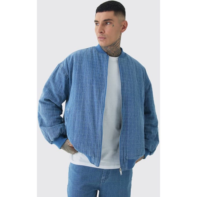 Tall Ripstop Oversized Padded Bomber Jacket | Mid Wash | Size Medium