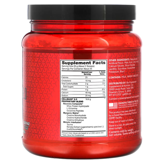 BSN, Cellmass 2.0, Récupération Post-Entraînement Intensif, Framboise Bleue, 1,06 lb (485 g)