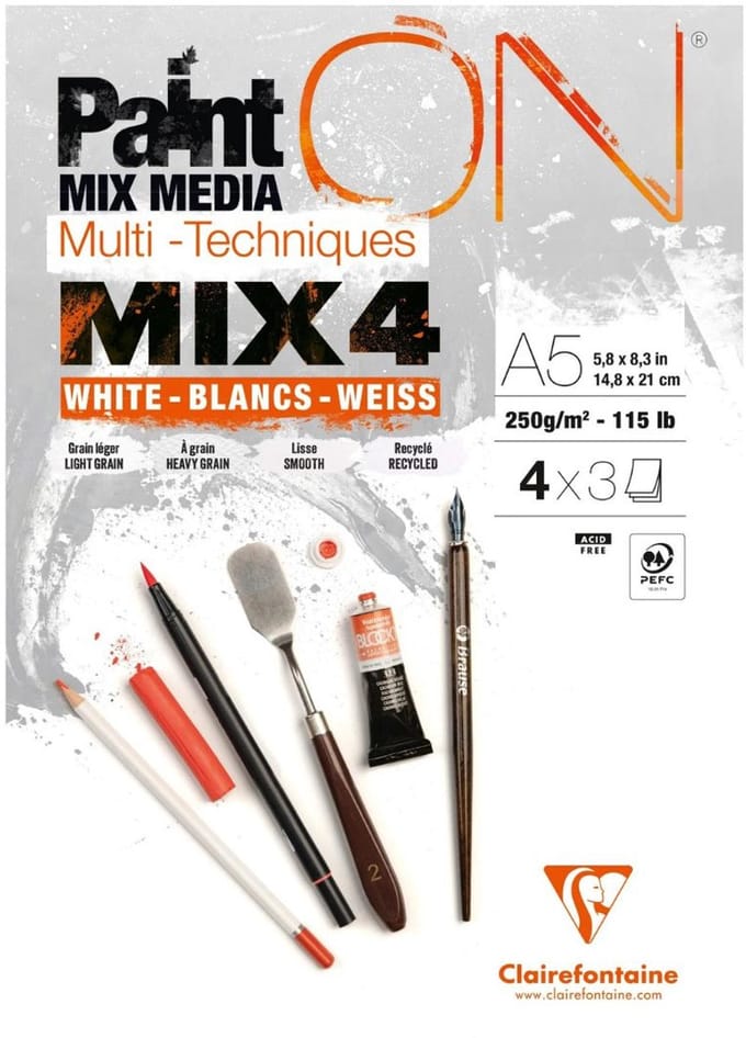 Clairefontaine - Paint ON - Multi-Techniek Pad - Tekenpapier - Schilderpapier - 4 papierstructuren - A5 - 12 vel