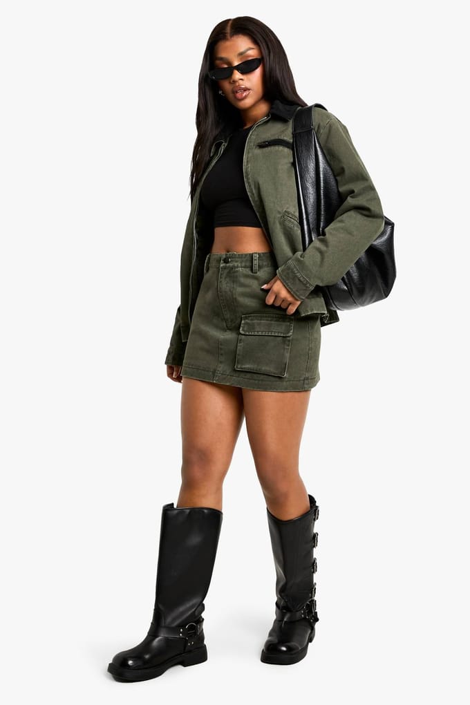 boohoo Dames Twill Washed Mini Skirt | Khaki | Maat: 8