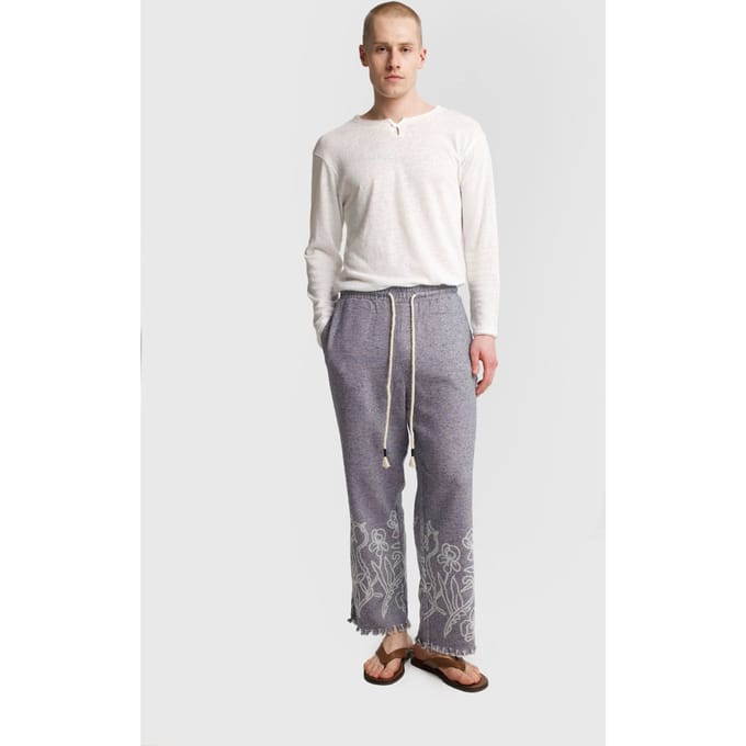 Heren Katoenen Geborduurde Brei Wijde Pantalons