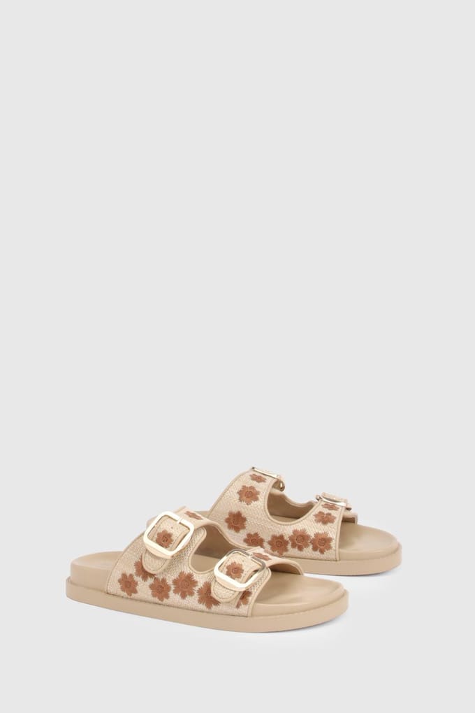 boohoo Dames Raffia Bloemen Slippers Met Dubbele Gesp | Natural | Maat: 37