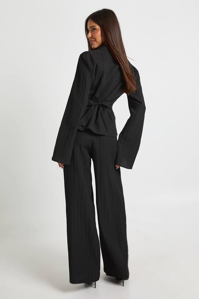boohoo Dames Gestructureerd hemd met band aan de achterkant & broekset | Zwart | Maat: 34