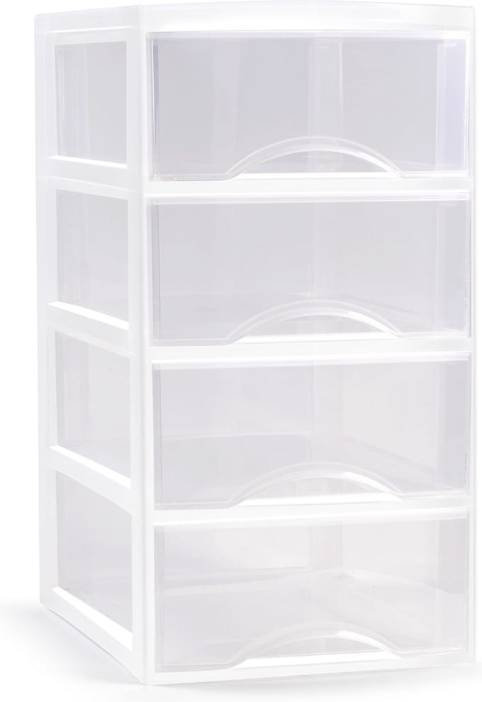 Plasticforte Ladeblokje/bureau organizer met 4x lades - transparant/wit - L26 x B37 x H49 cm