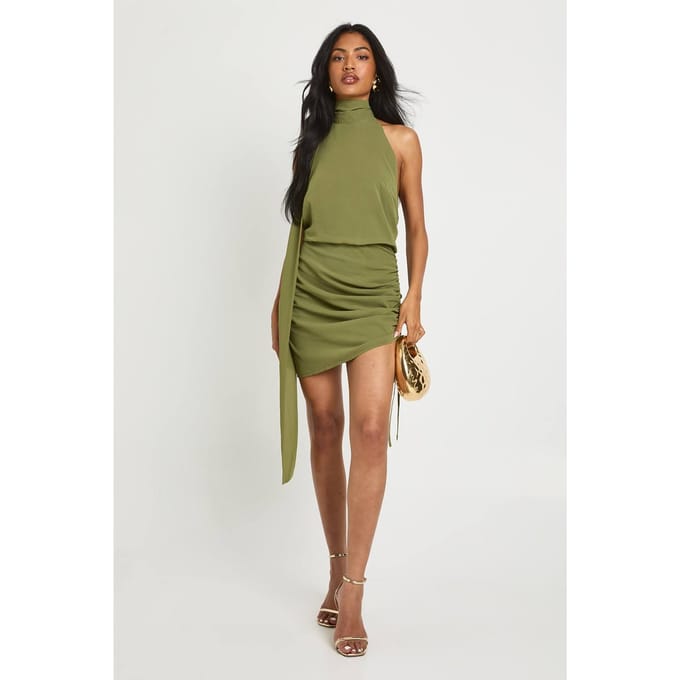 boohoo Dames Chiffon Halterneck Minijurk | Olive | Maat: 14