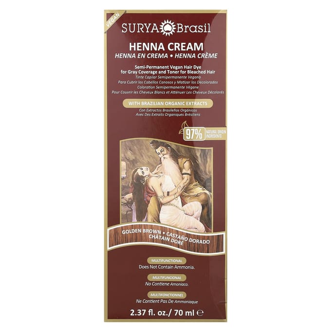 Surya Brasil, Henna Cream, Semi-Permanent Vegan Hair Dye and Toner for Bleached Hair to Cover Gray Hair, Golden Brown, 2.37 fl oz (70 ml) black