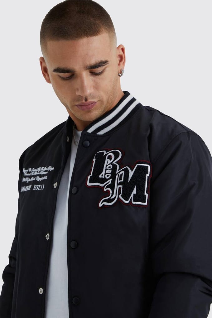 Nylon Varsity Jacket With Badges | Black | Size Medium